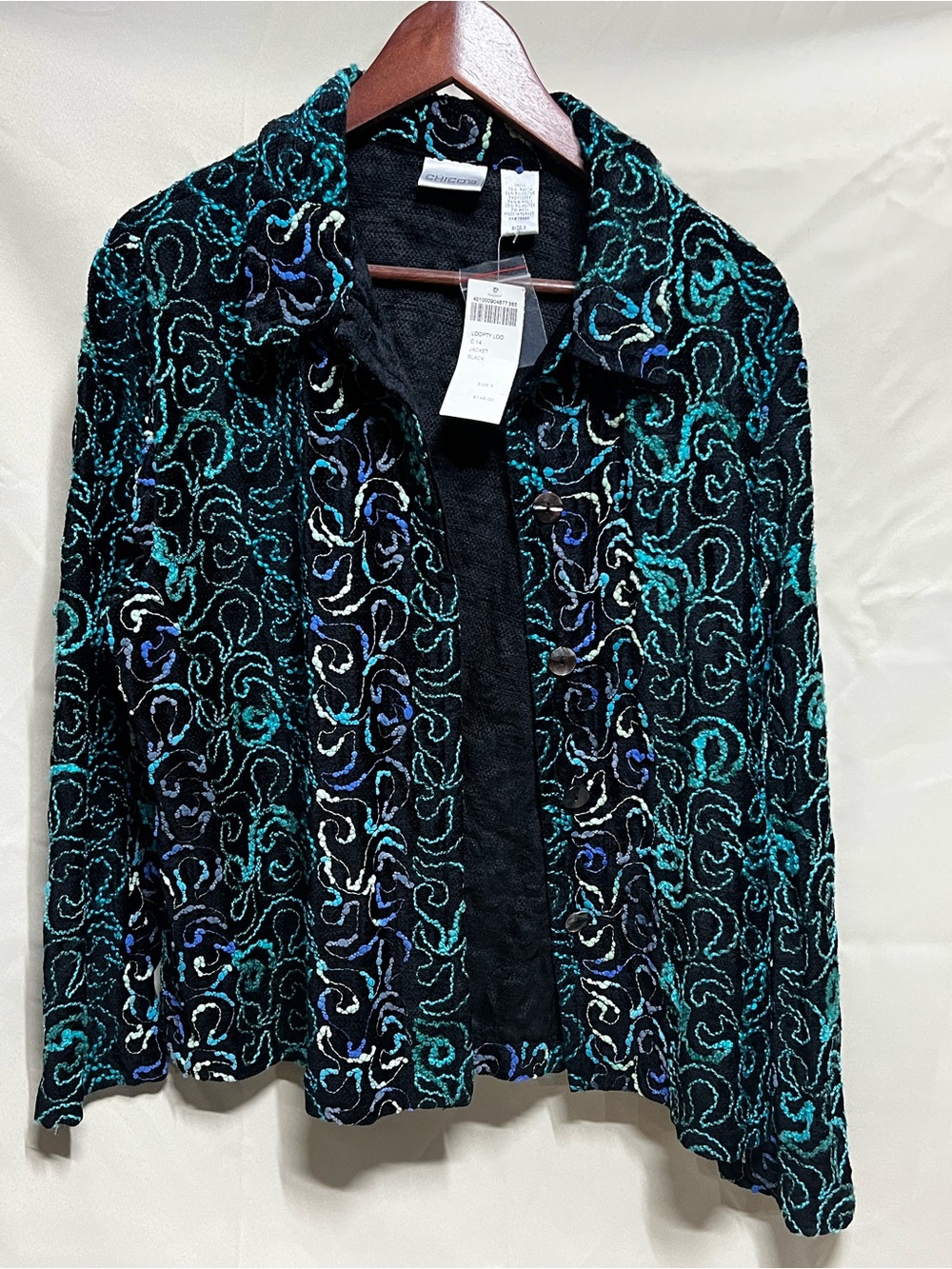 Chico's Black Velvet Blazer with Teal and Blue Embroidery